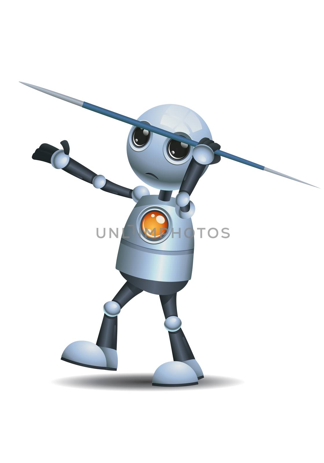 illustration of a happy droid little robot hold javelin spear on isolated white background