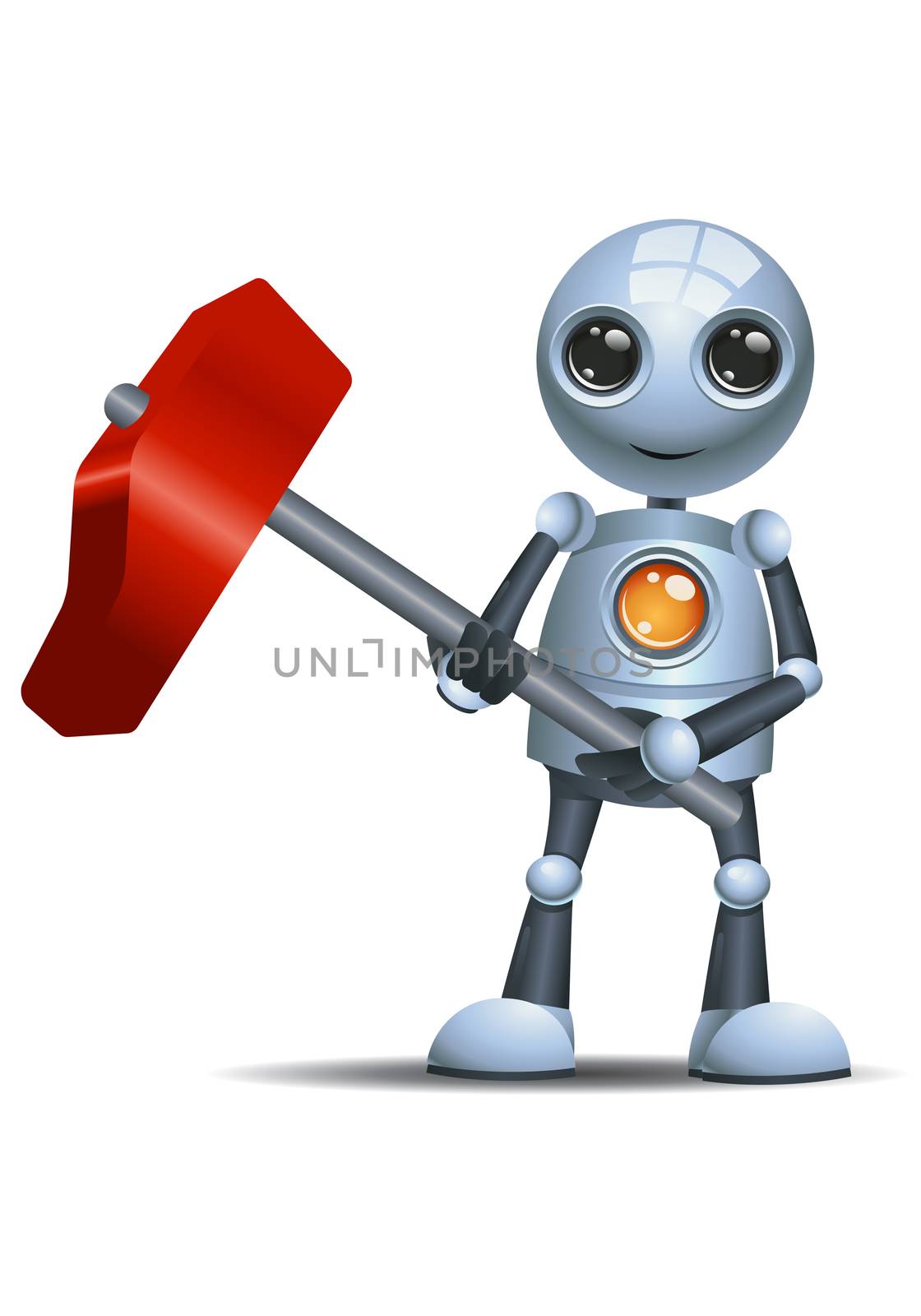 illustration of a happy droid little robot hold industrial hammer on isolated white background