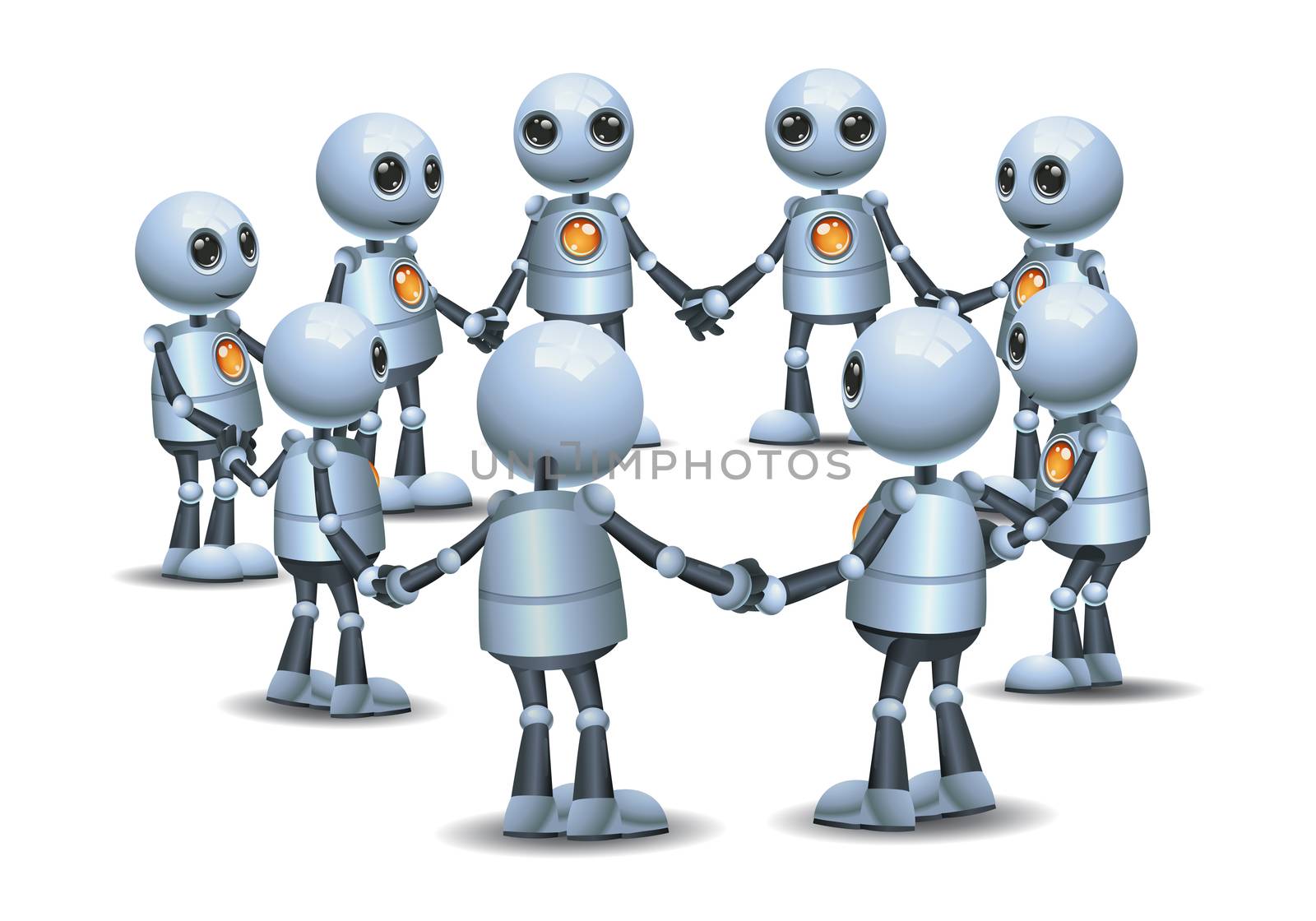 illustration of a happy droid little robot holding hand making circle in group on isolated white background