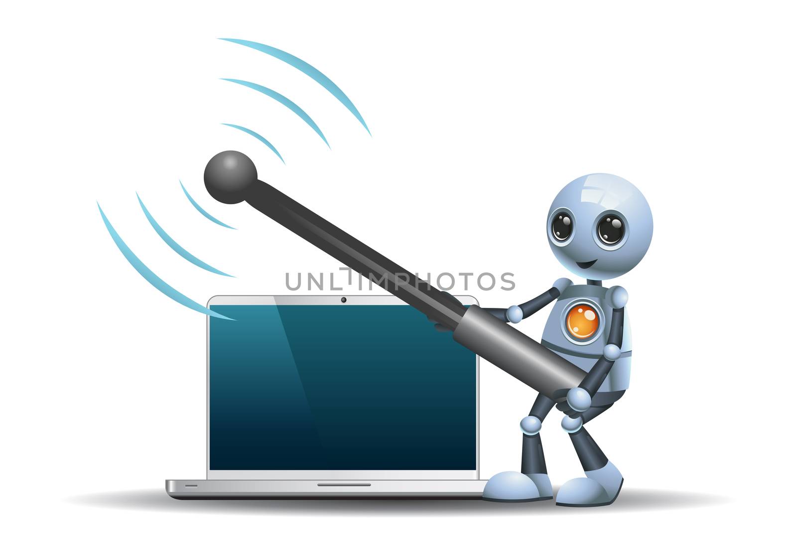 illustration of a happy droid little robot hold wi-fi antenna on isolated white background