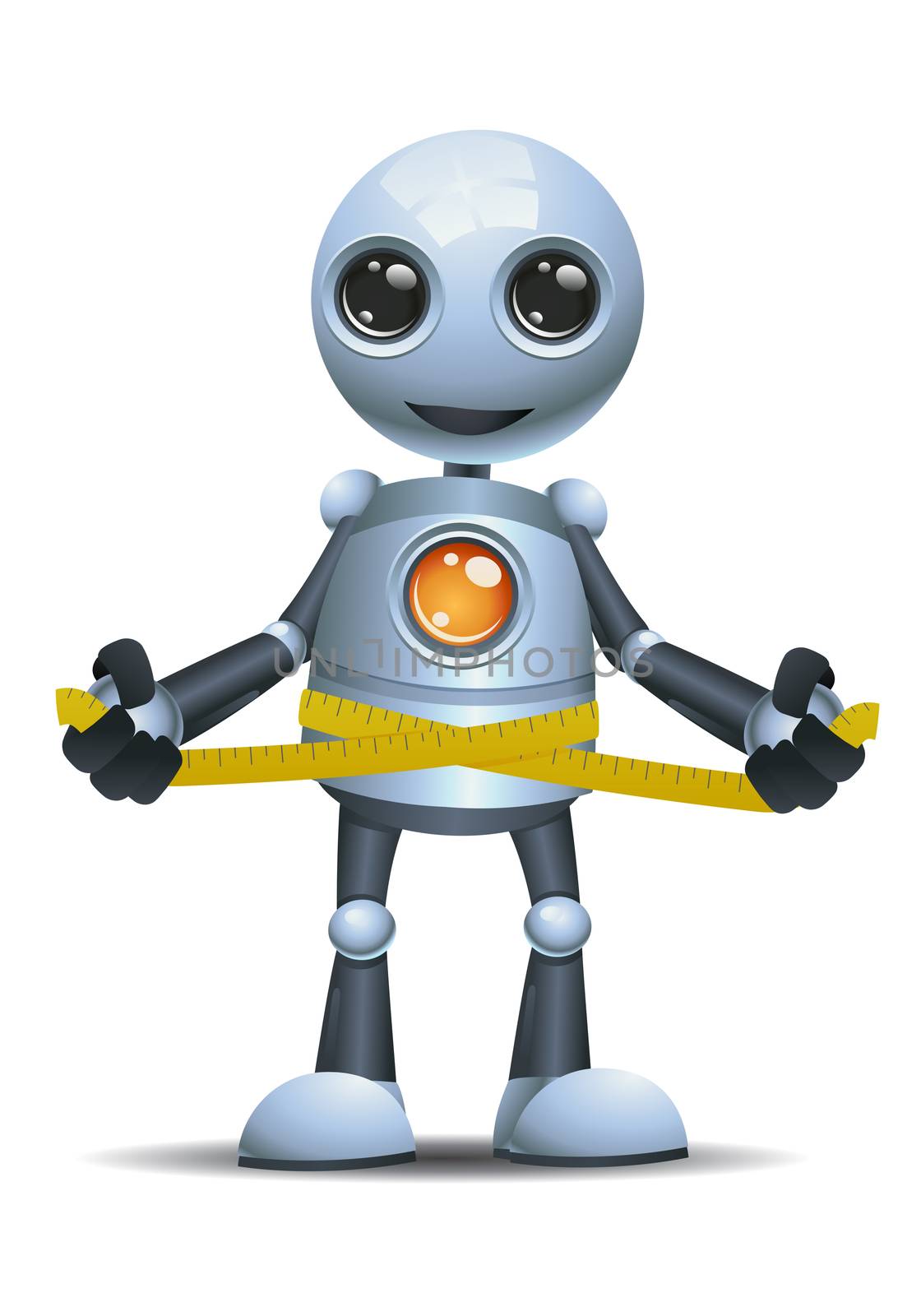 illustration of a happy droid  little robot measuring waist on isolated white background