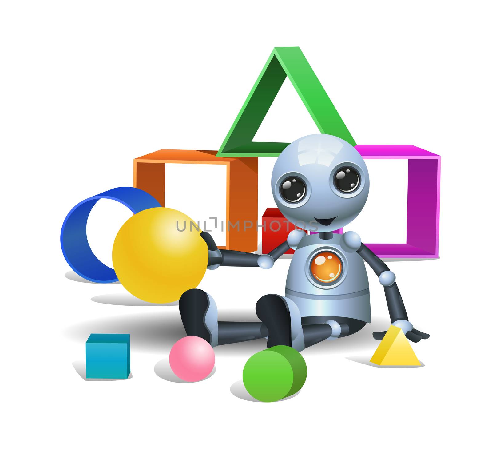 illustration of a happy droid little robot play boxes on isolated white background