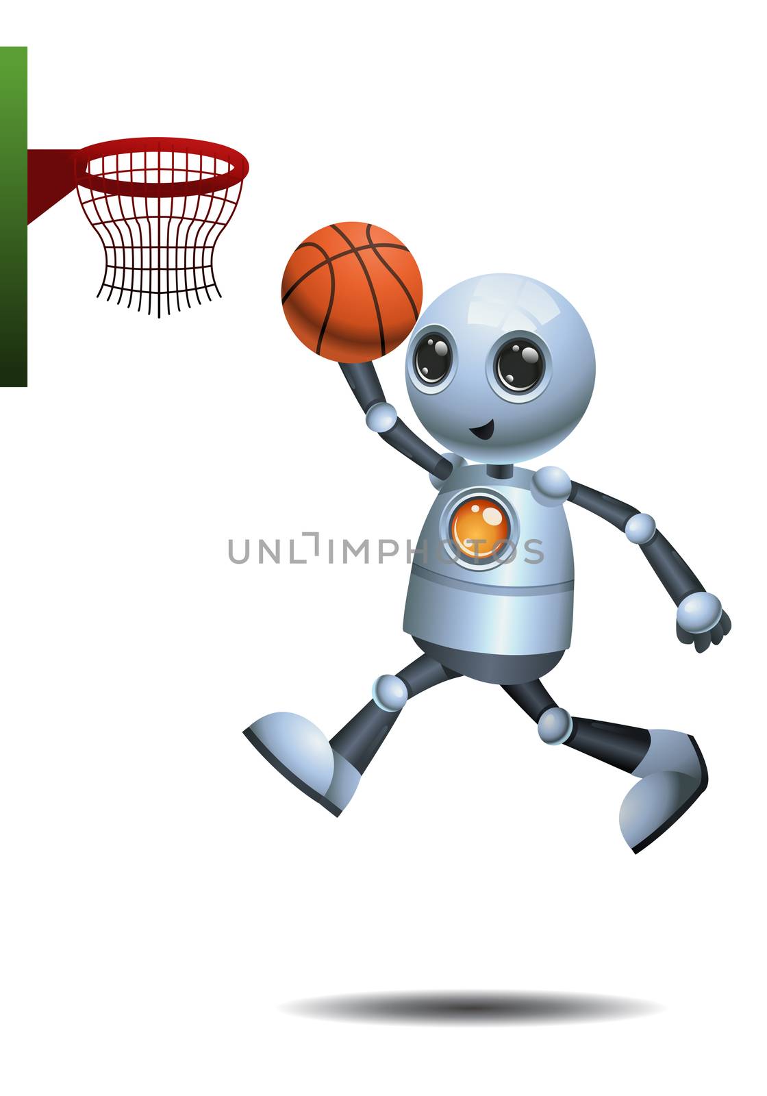 illustration of a happy droid little robot play basket ballon isolated white background