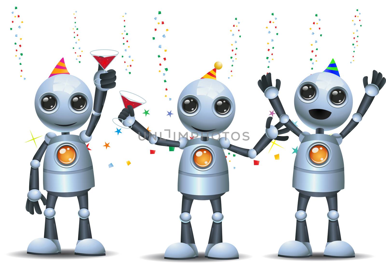 illustration of a happy droid little robot party group on isolated white background