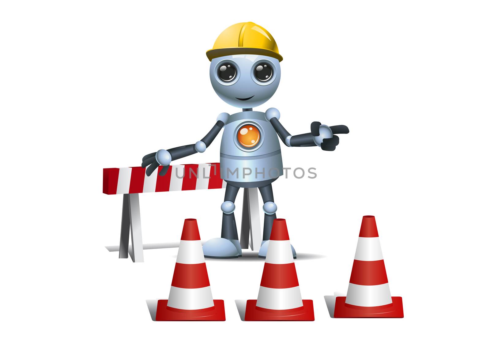 illustration of a happy droid little robot on under construction site on isolated white background