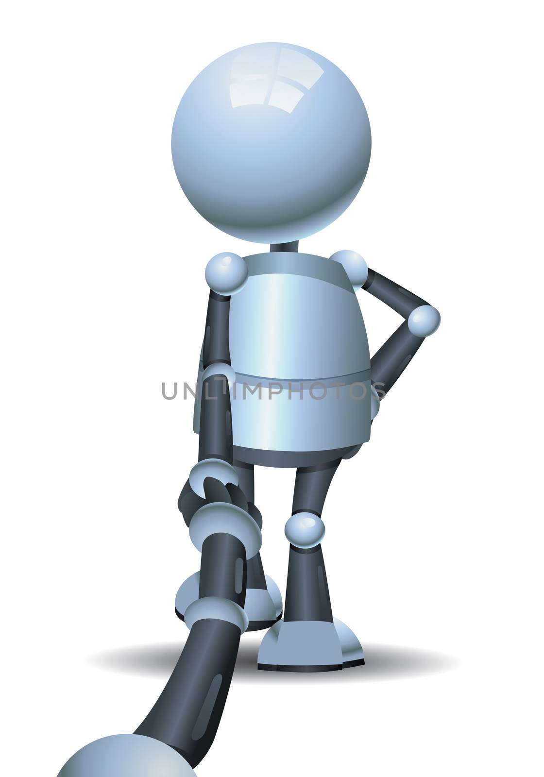 illustration of a happy droid little robot holding hand on follow me on isolated white background