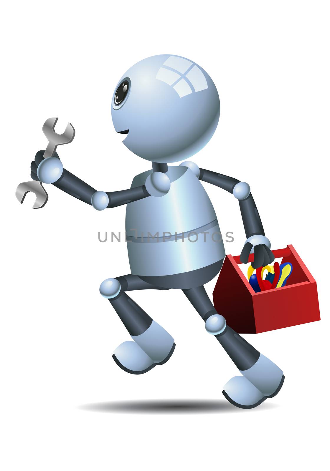 illustration of a happy droid little robot  mechanic running on isolated white background