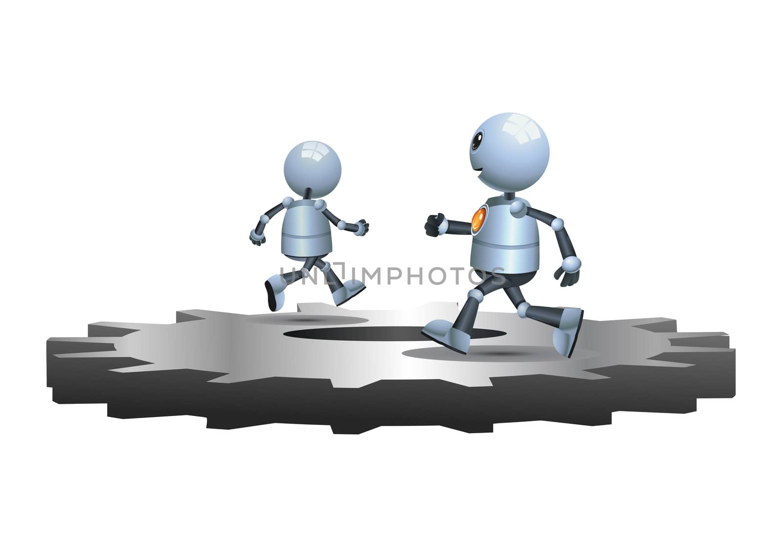 illustration of a happy droid little robots chasing on gears on isolated white background