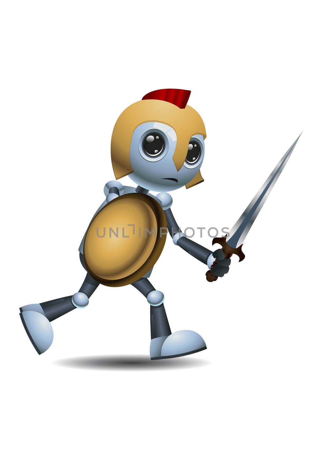 illustration of a happy droid little robot warrior going to war on isolated white background