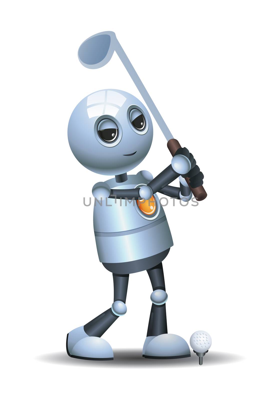 illustration of a happy droid little robot playing golf  on isolated white background