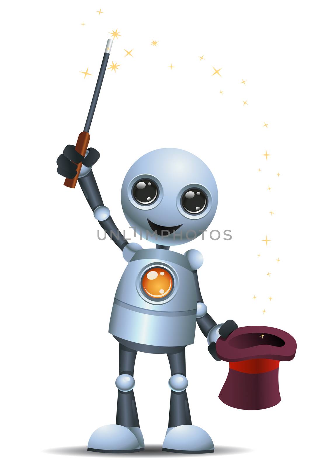 illustration of a happy little robot playing magic trick using magician wand on isolated white background