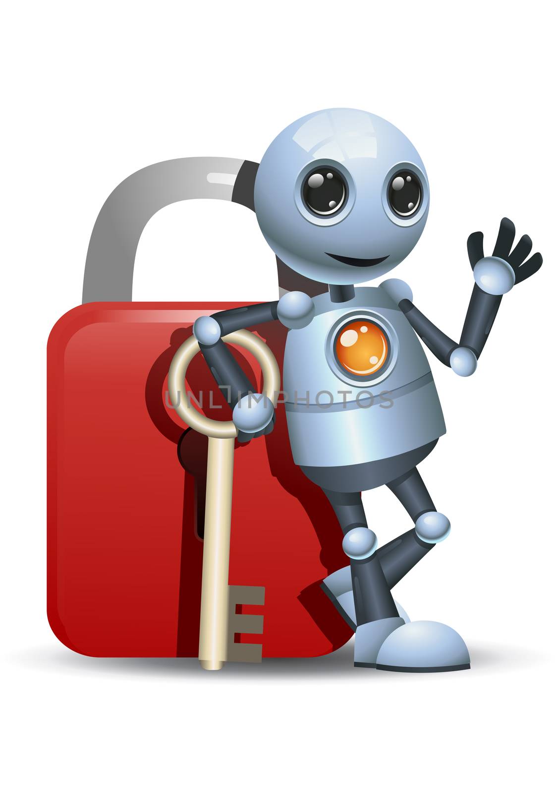 illustration of a happy little robot lean back on security lock on isolated white background