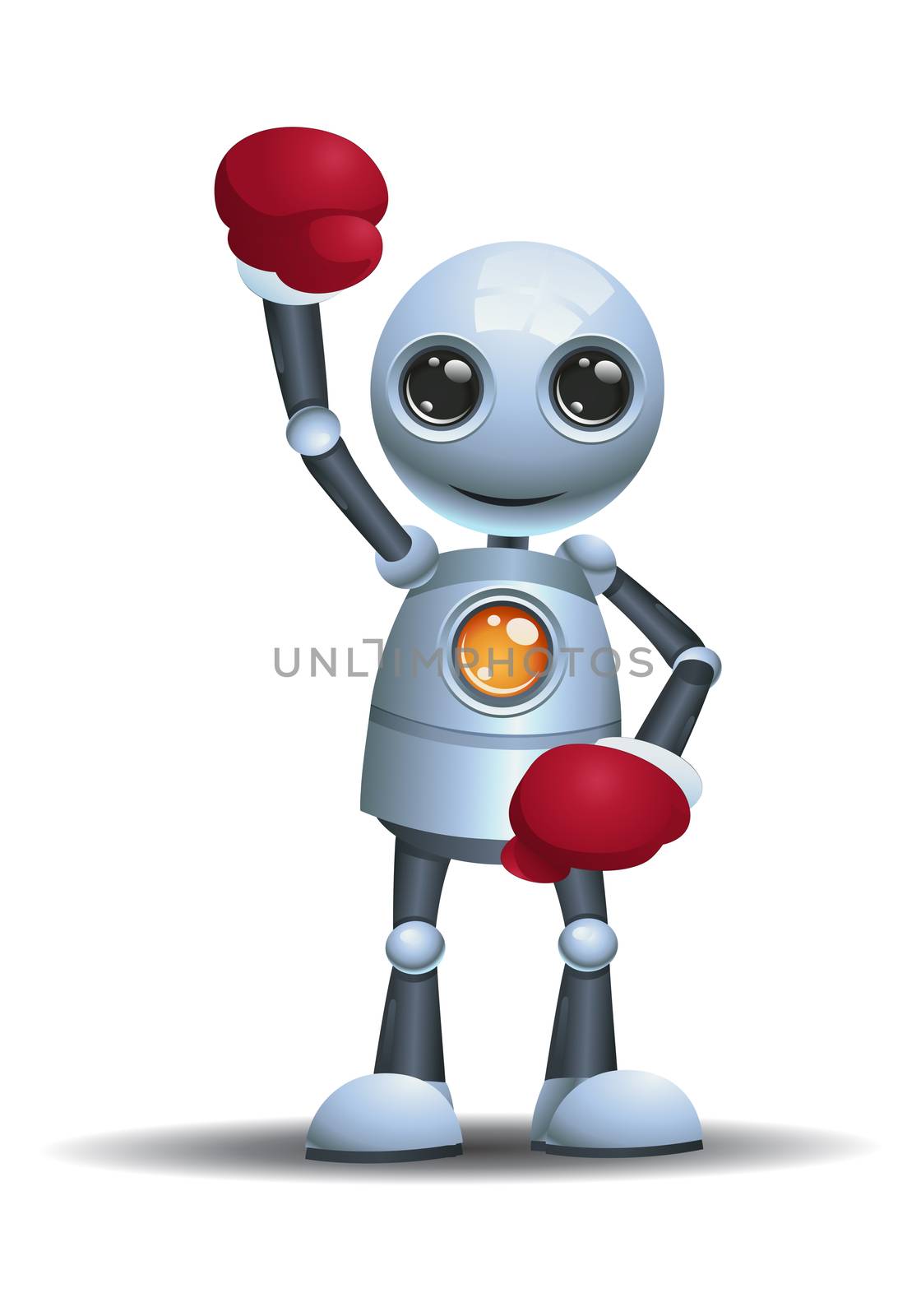 illustration of a happy little robot ready to boxing wearing boxing glove on isolated white background