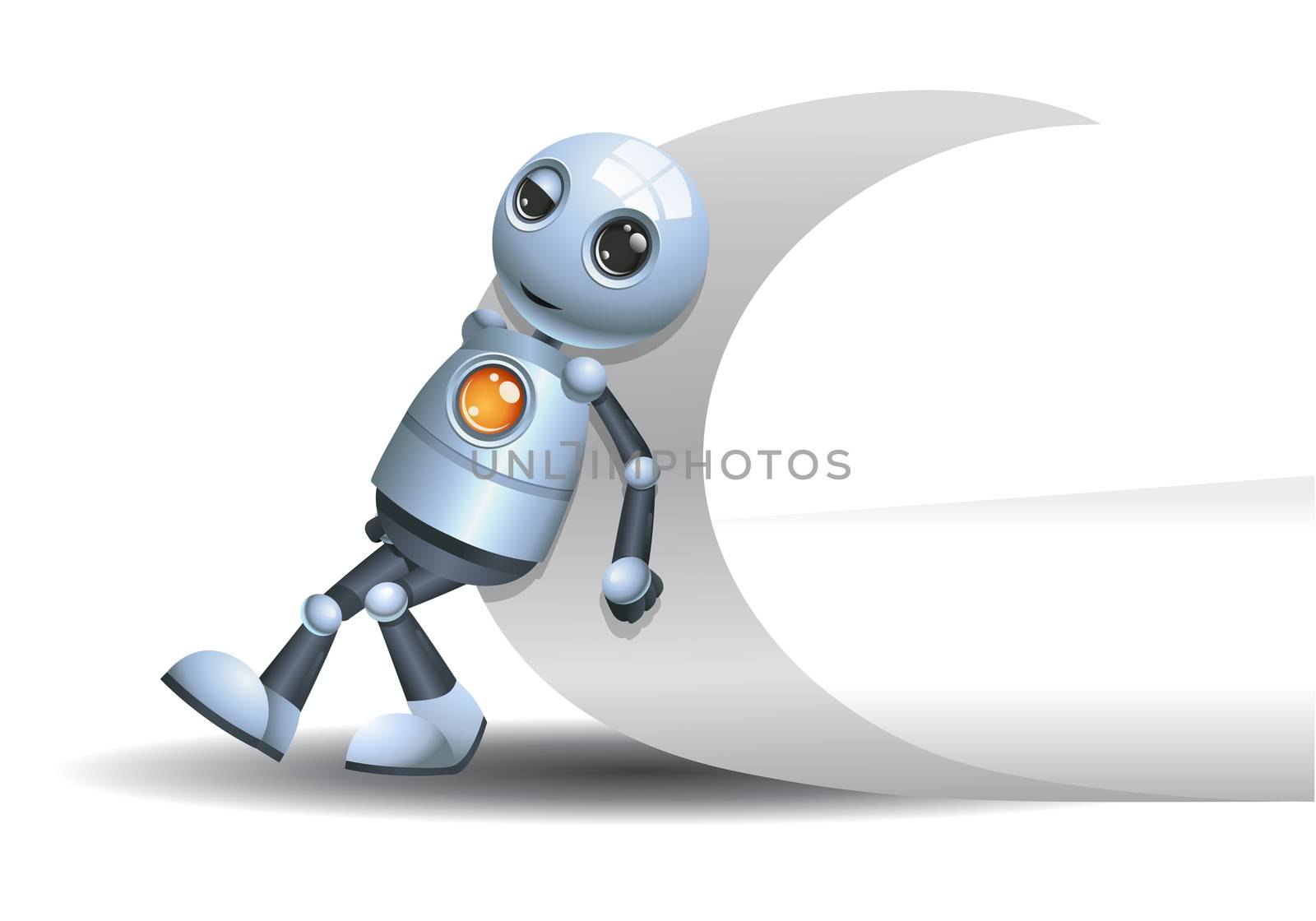illustration of a happy little robot pushing corner of page on isolated white background