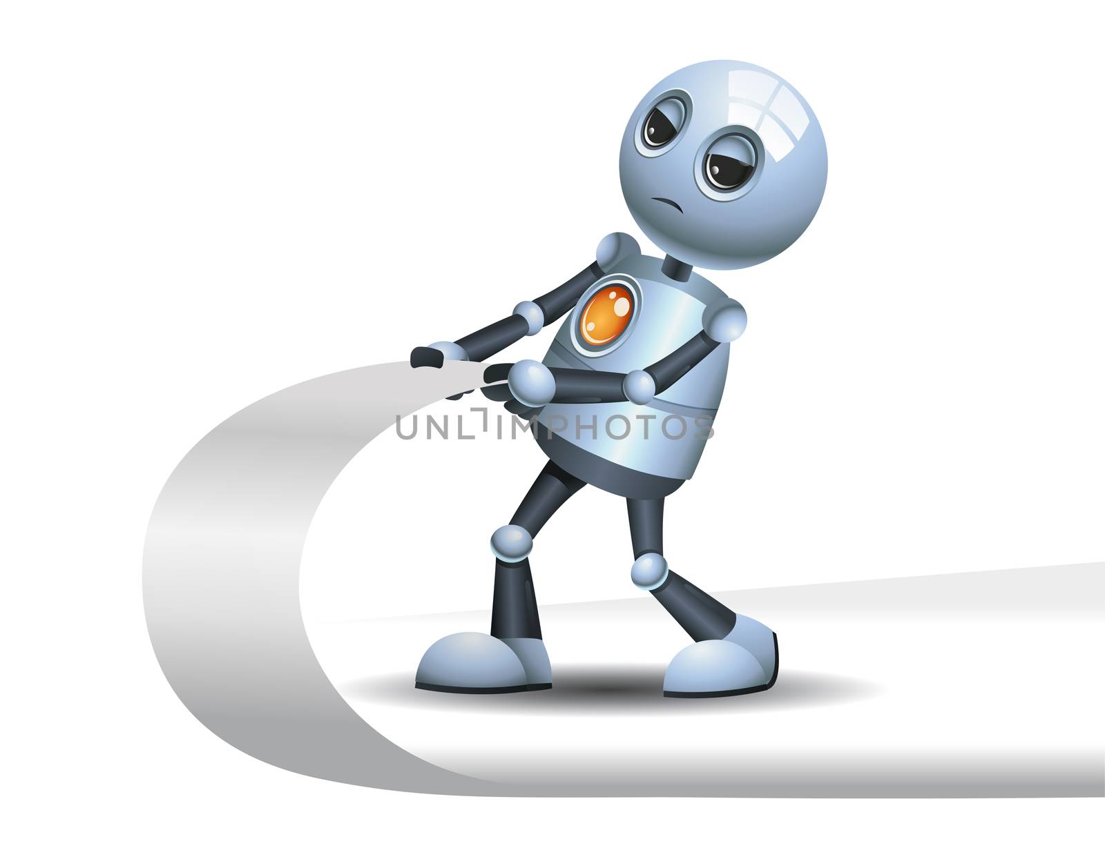 illustration of a happy little robot pulling corner of page on isolated white background