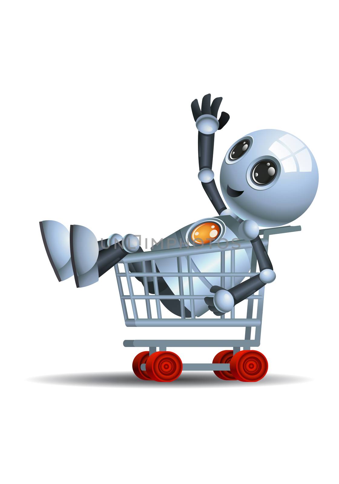 illustration of a happy little robot riding shopping cart on isolated white background