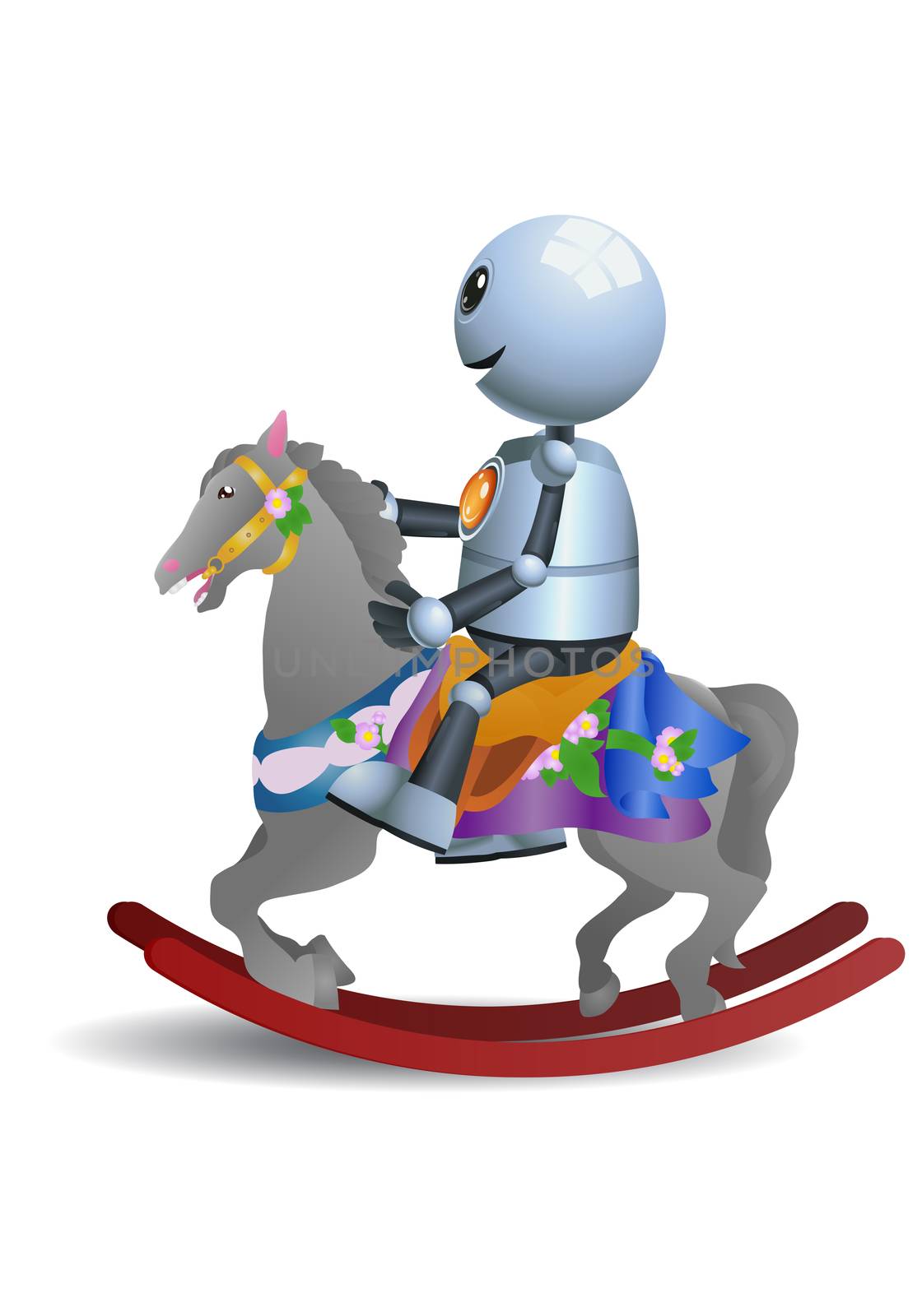 illustration of a happy little robot riding horse toy on isolated white background