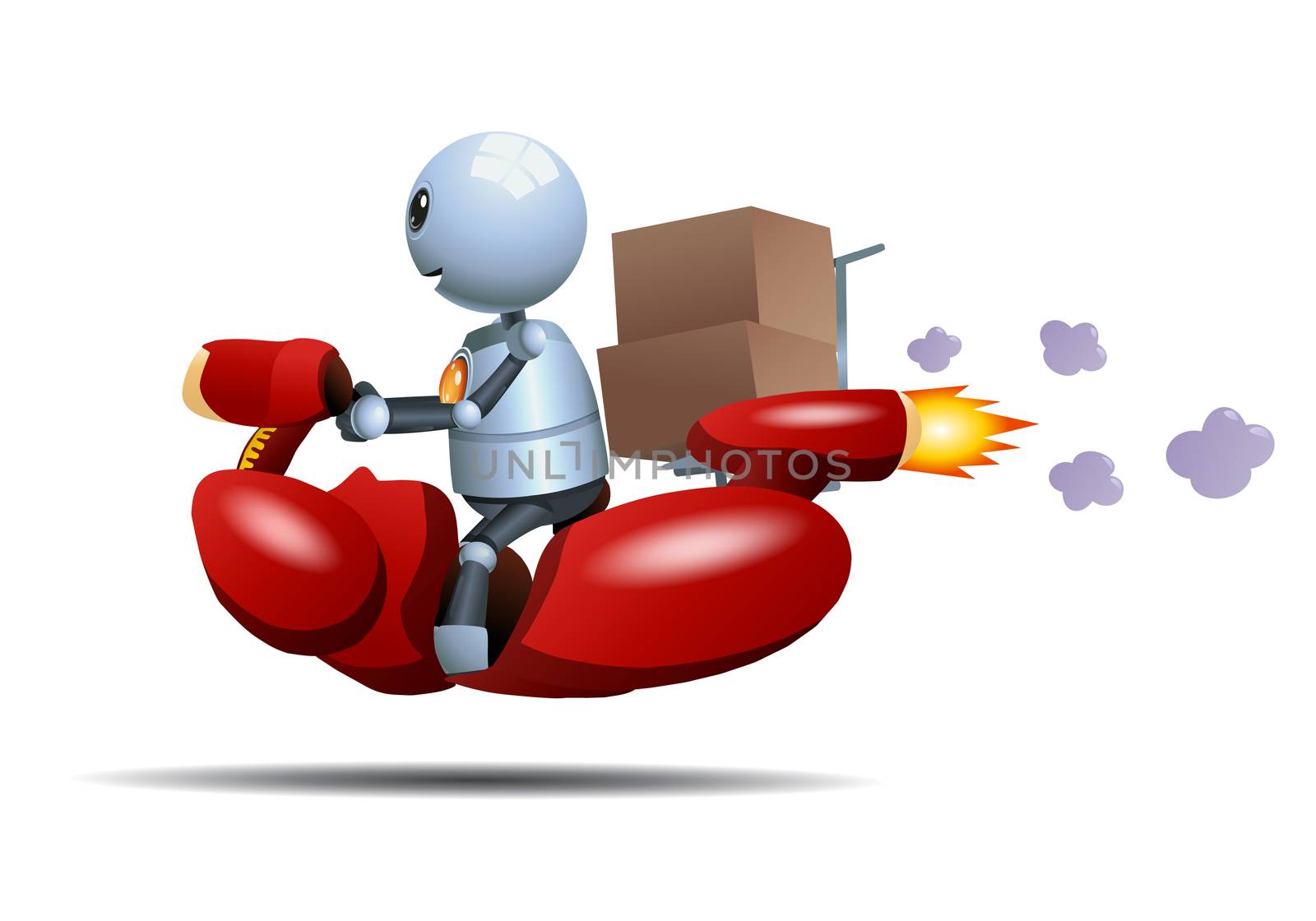 illustration of a happy little robot riding bike delivering box on isolated white background