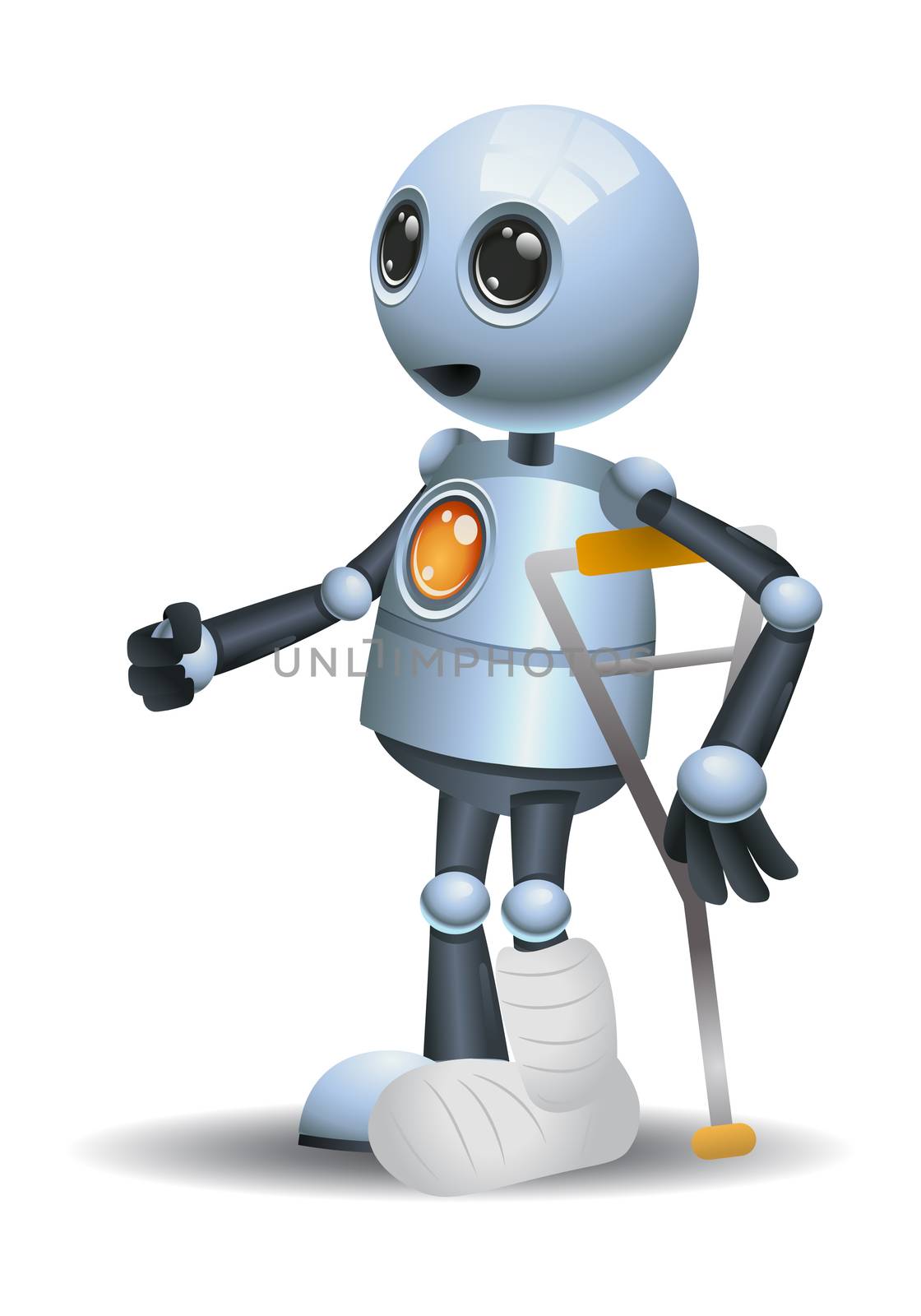 illustration of a little robot broken leg injury using crook on isolated white background