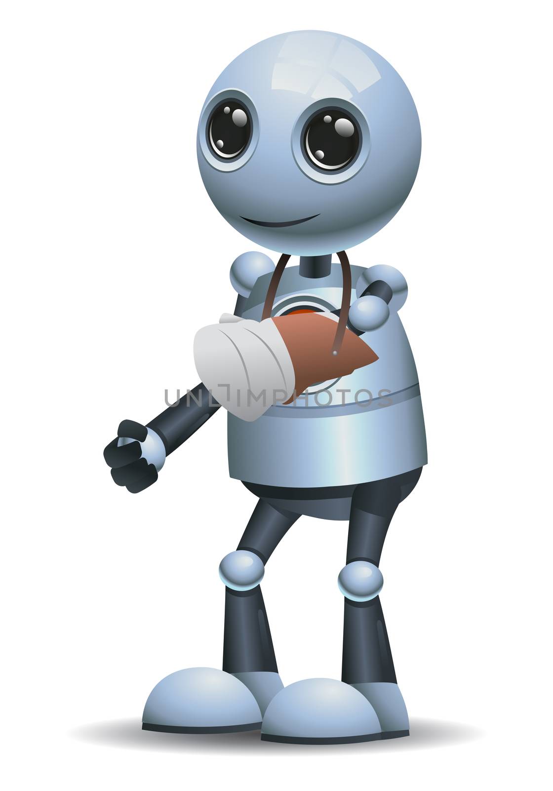 illustration of a little robot broken hand injury on isolated white background