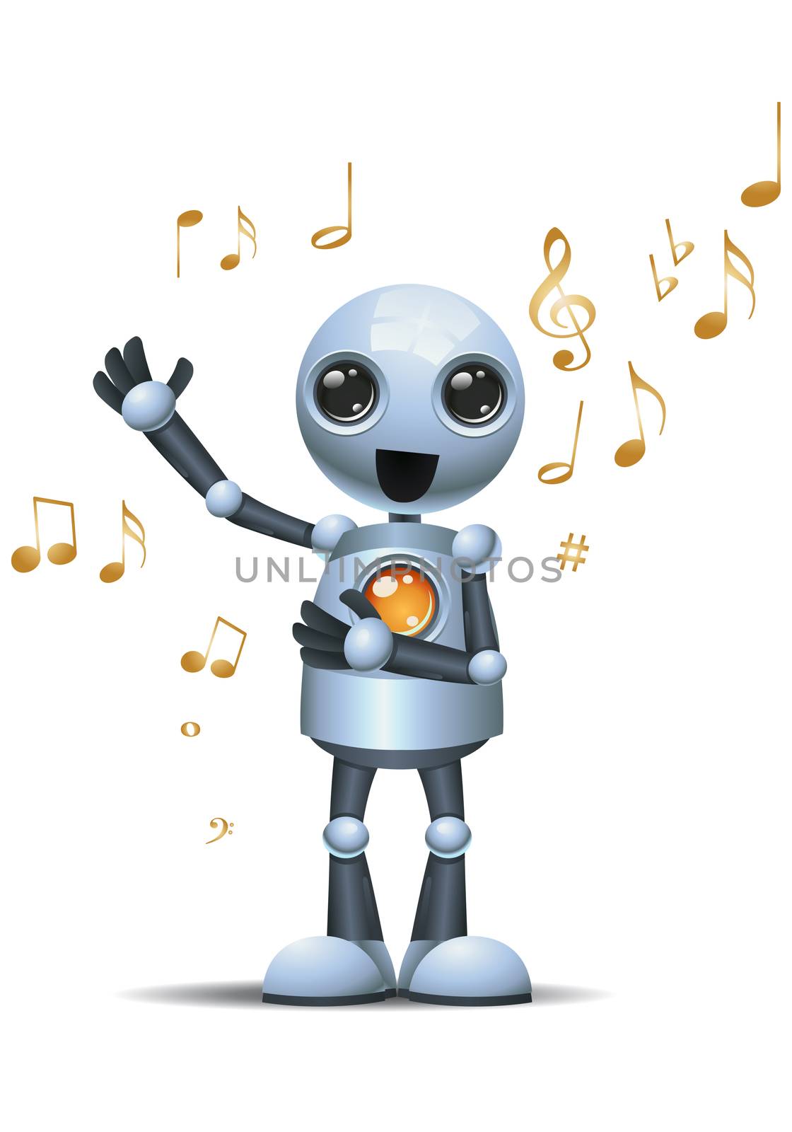 illustration of a little robot singing loudly on isolated white background