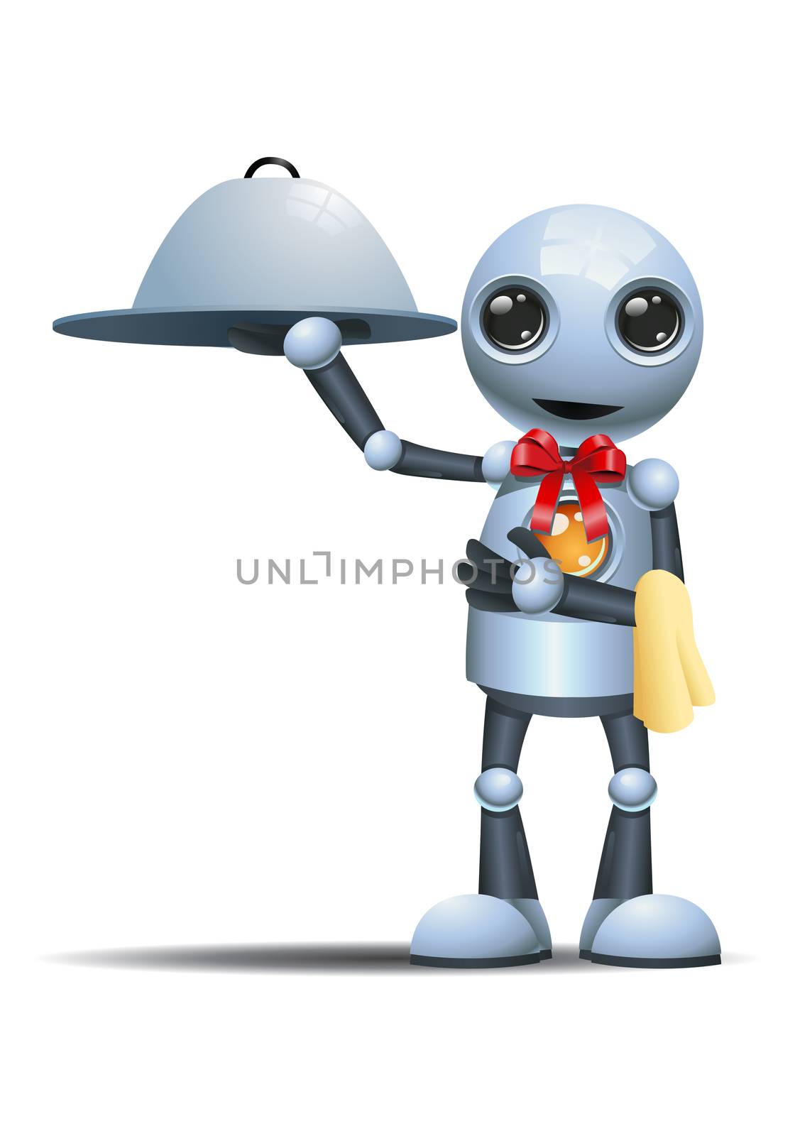 illustration of a happy little robot servant hold metal tray on isolated white background
