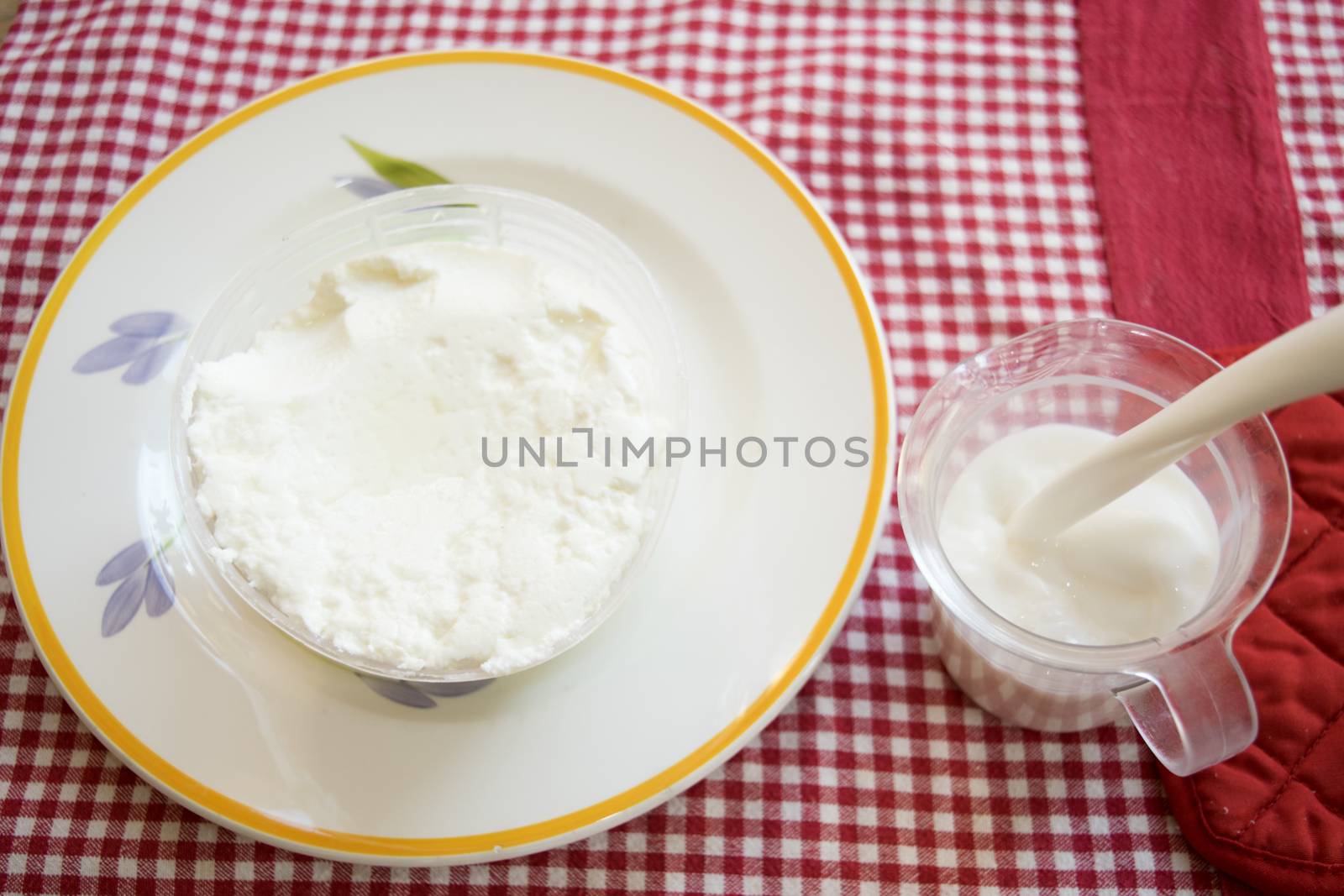 fresh italian ricotta cheese in a plastic mould on a dish