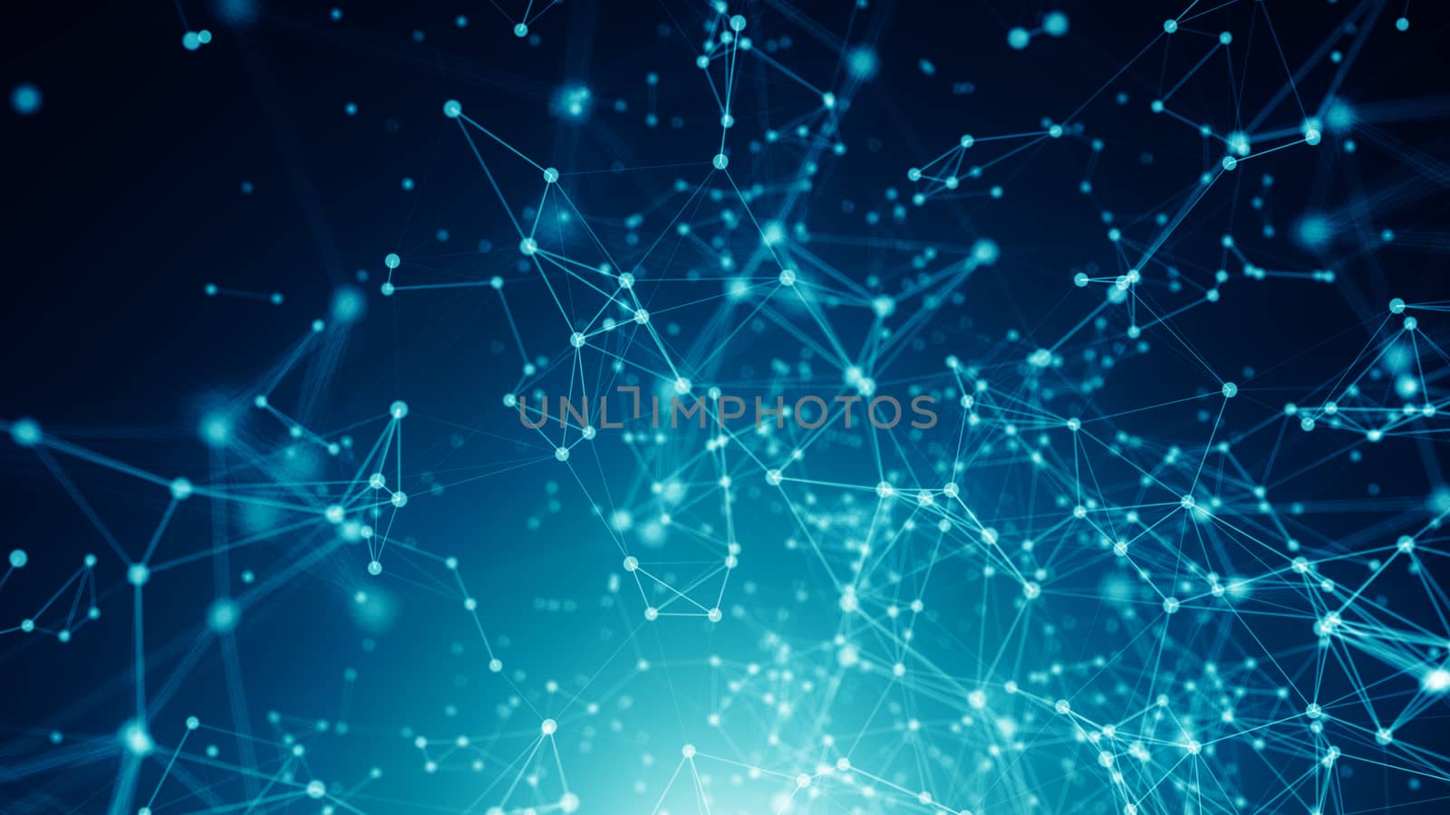 Abstract connected dots on bright blue background. Technology backdrop with depth of field