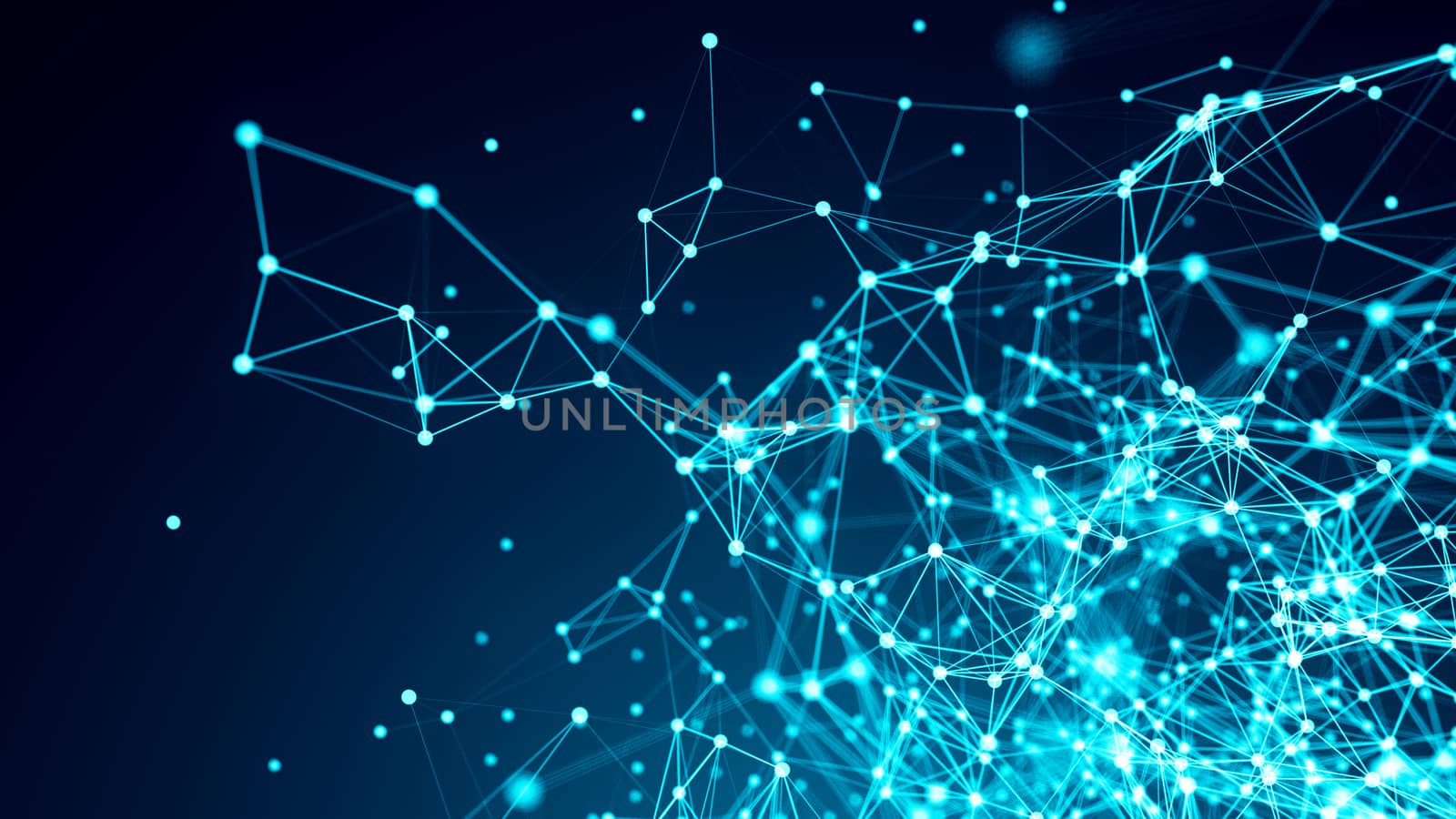 Abstract connected dots on bright blue background. Technology backdrop with depth of field