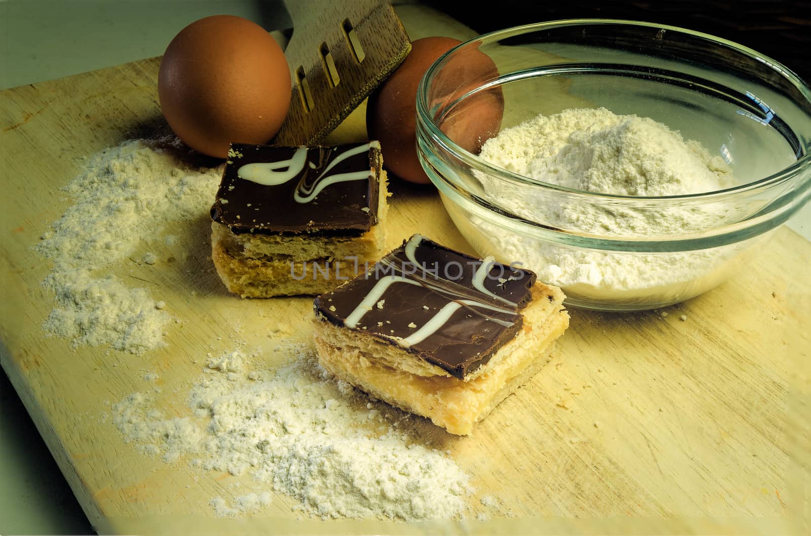 Strudel cake with cream and chocolate with eggs and flour ingredients