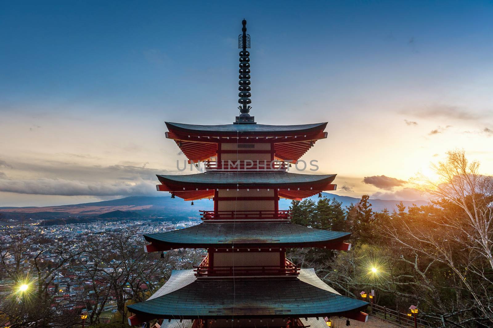 The red chureito pagoda at sunset, Japan.