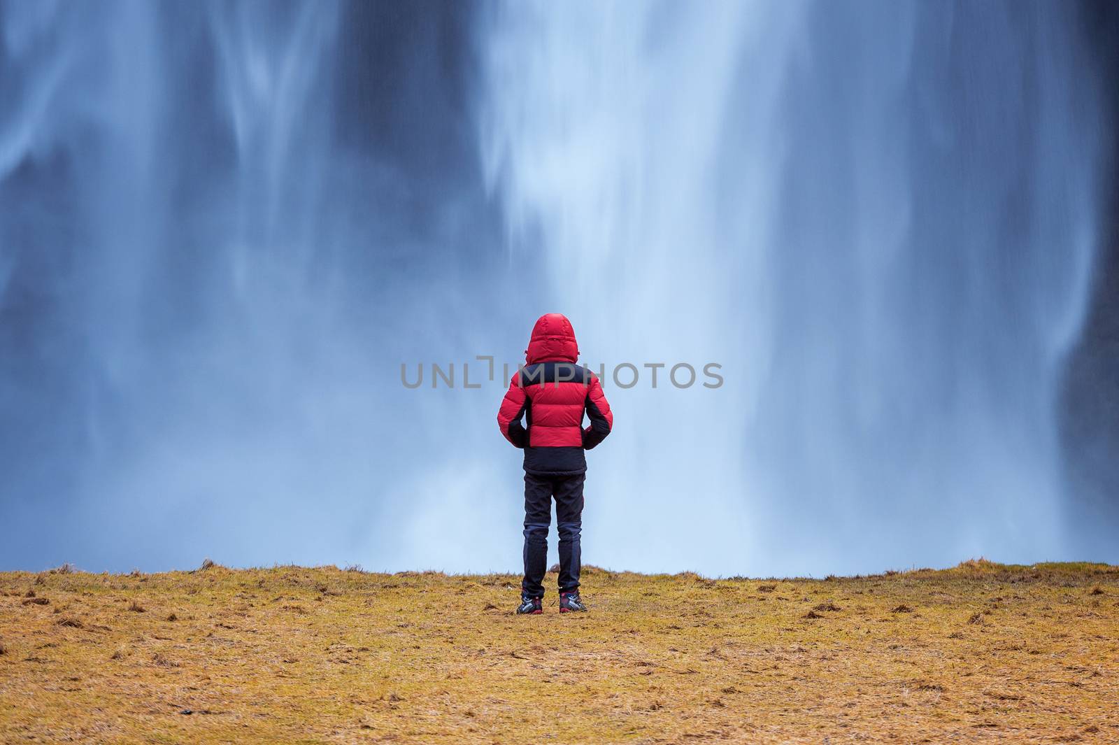 Seljalandsfoss waterfall in Iceland. Guy in red jacket looks at Seljalandsfoss waterfall.