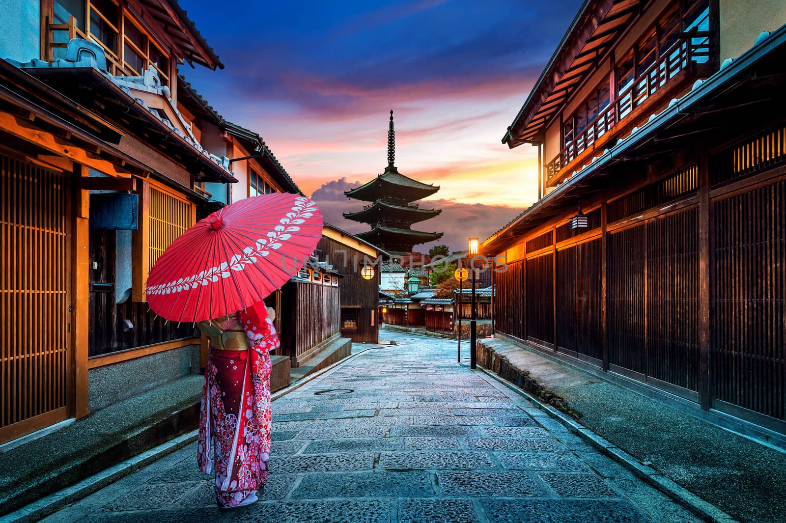 Asian woman wearing japanese traditional kimono at Yasaka Pagoda and Sannen Zaka Street in Kyoto, Japan. by gutarphotoghaphy
