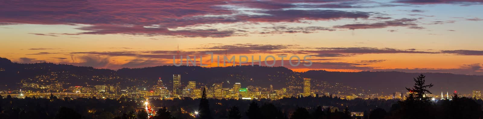 Portland Oregon downtown city skyline during sunset panorama