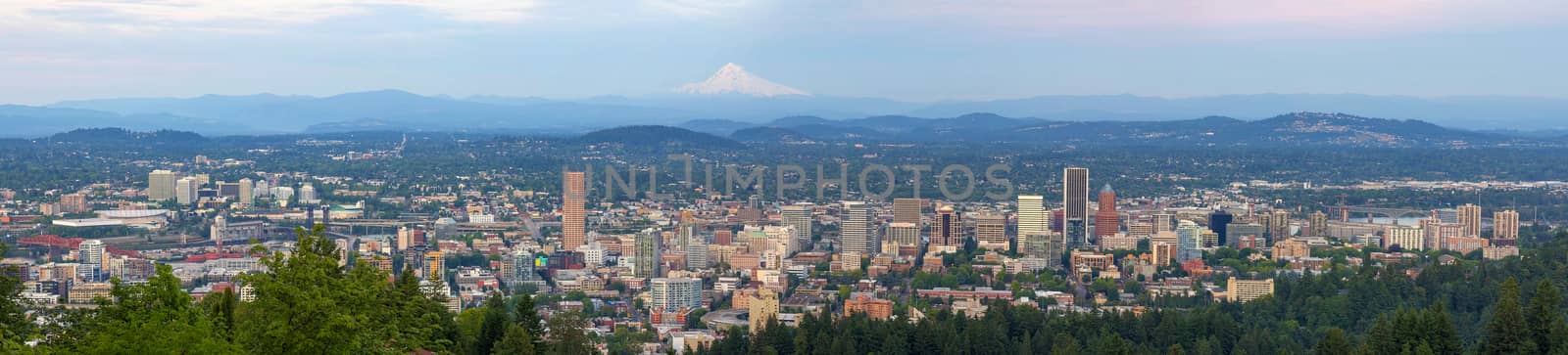 Portland Oregon downtown cityscape blue sky daytime panorama