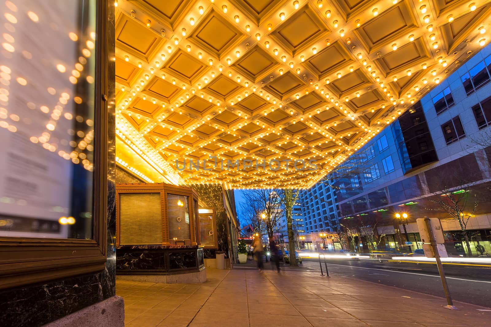 Theater ceiling marquee lights in downtown Portland Oregon on Broadway at evening blue hour