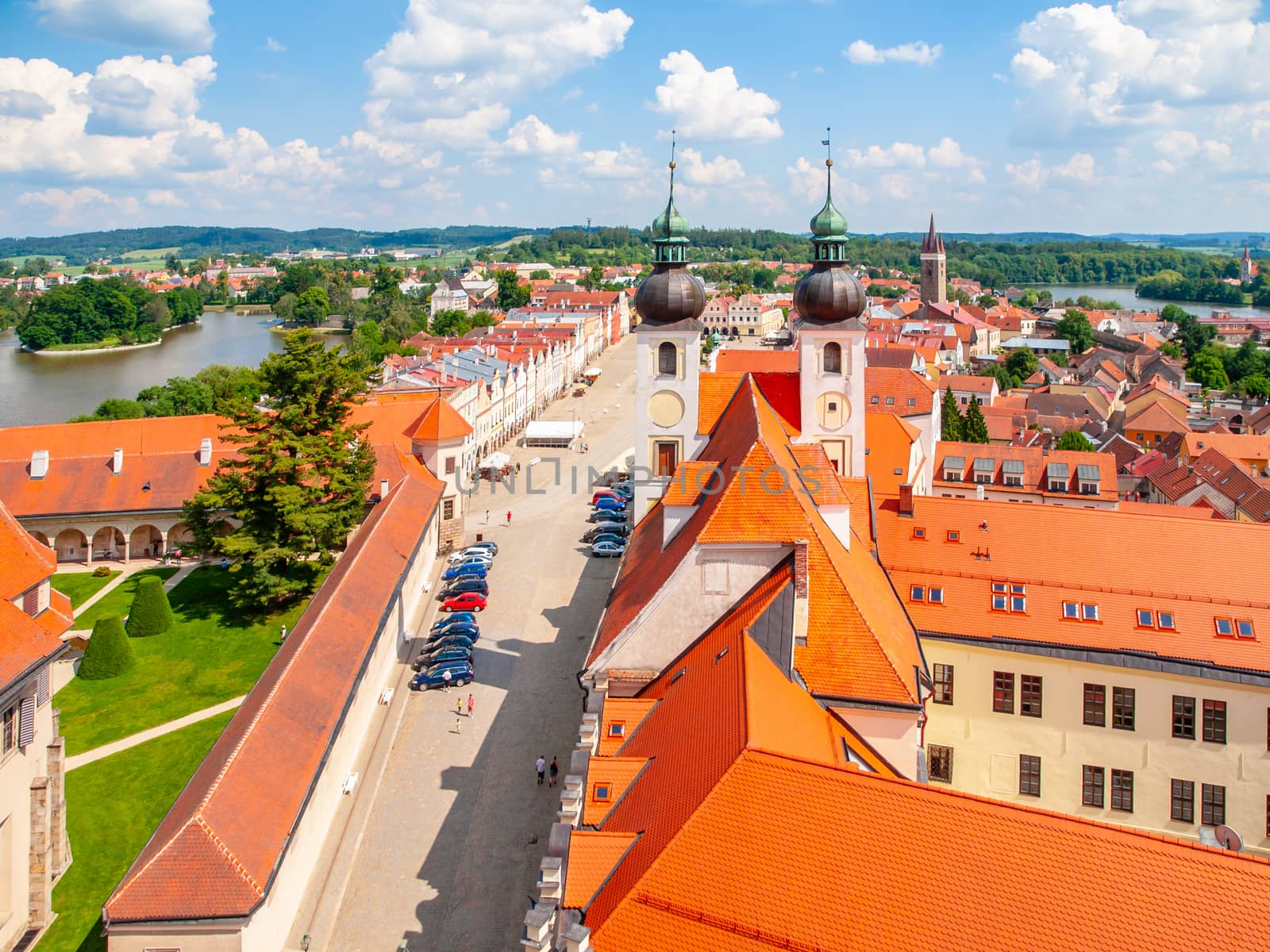 Aerial view of Telc with main square and towers of church of the Holy Name of Jesus, Czech Republic. UNESCO World Heritage Site.