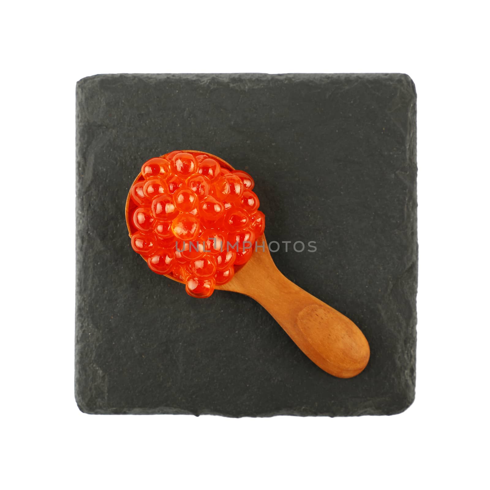 Close up spoon of red salmon caviar on black by BreakingTheWalls