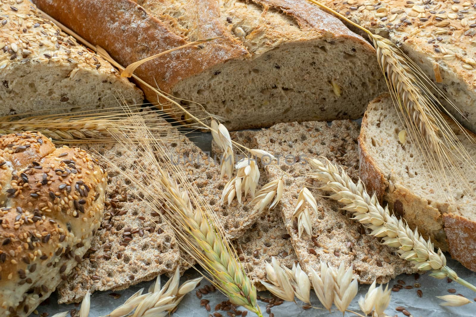 Assortment of baked goods on paper. Freshly of bakery products.