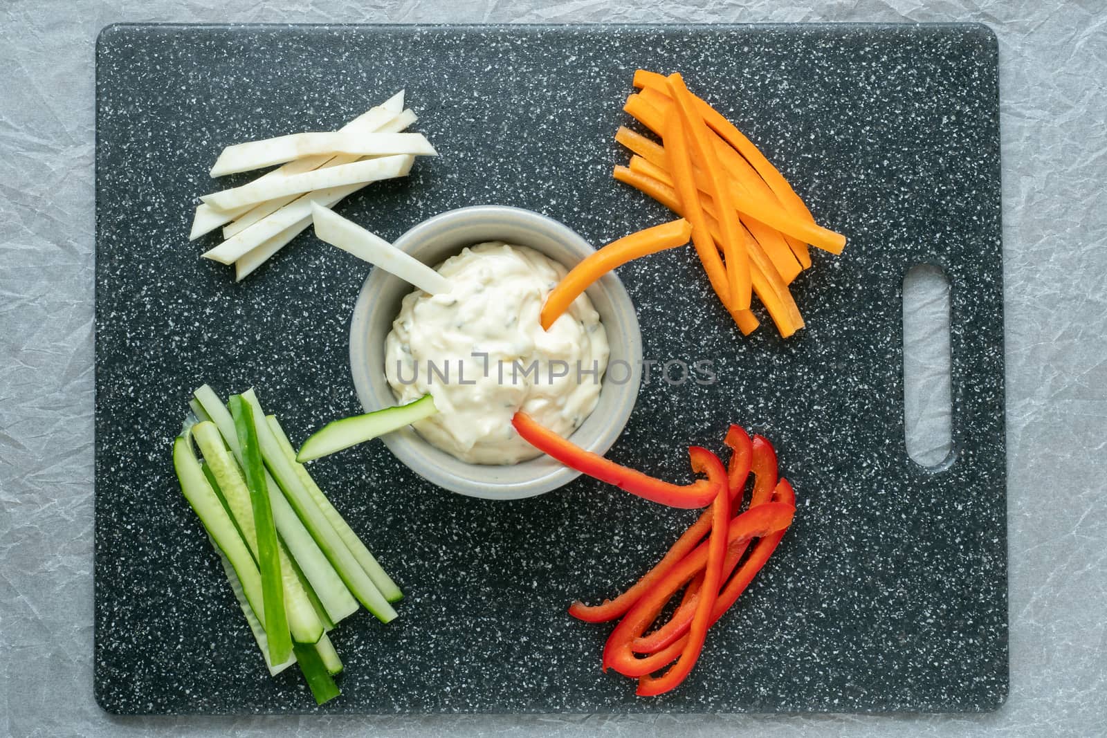 Vegetable sticks and dips in bowl. Healthy vegetables and dip sn by xtrekx