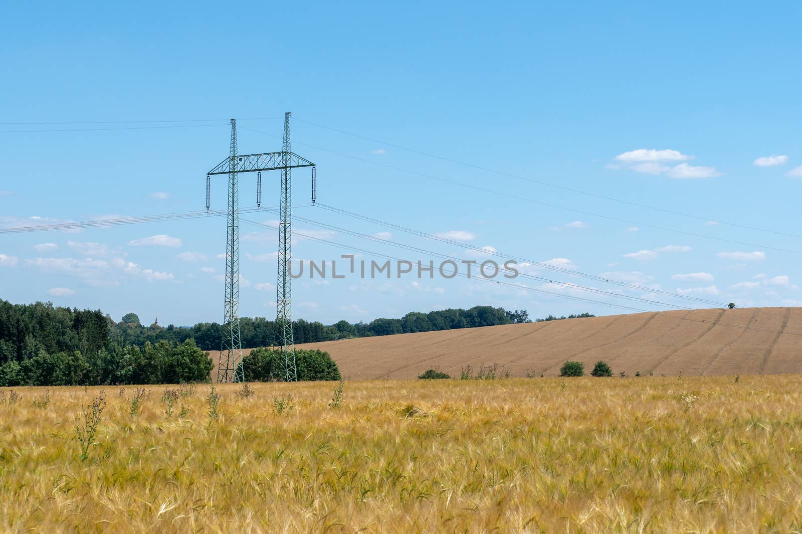 High voltage power lines above wheat field.  by xtrekx