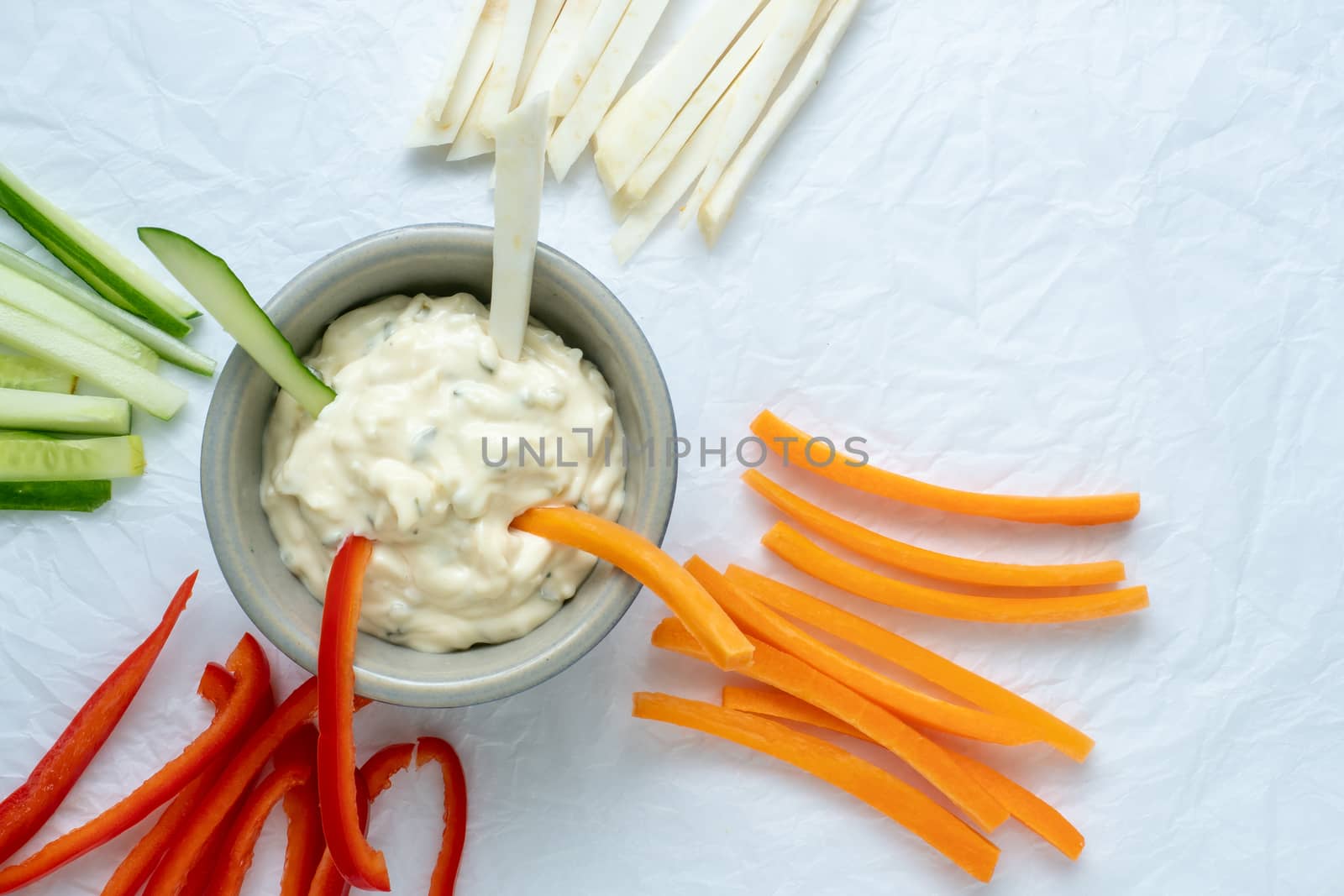 Healthy vegetables and dip snack. Vegetable sticks and dips in bowl.