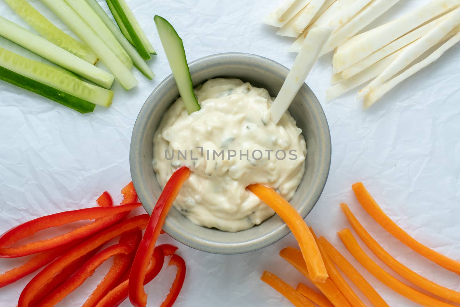 Healthy vegetables and dip snack. Vegetable sticks and dips in bowl.