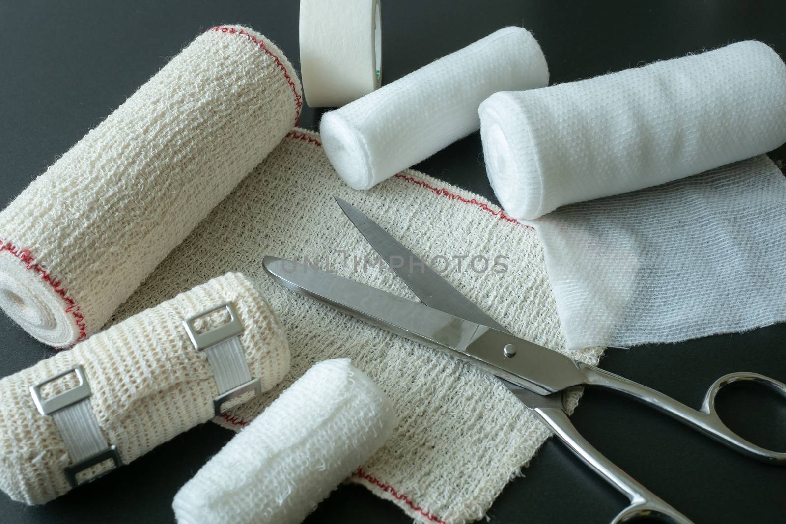 Medical bandages with scissors. Medical equipment.