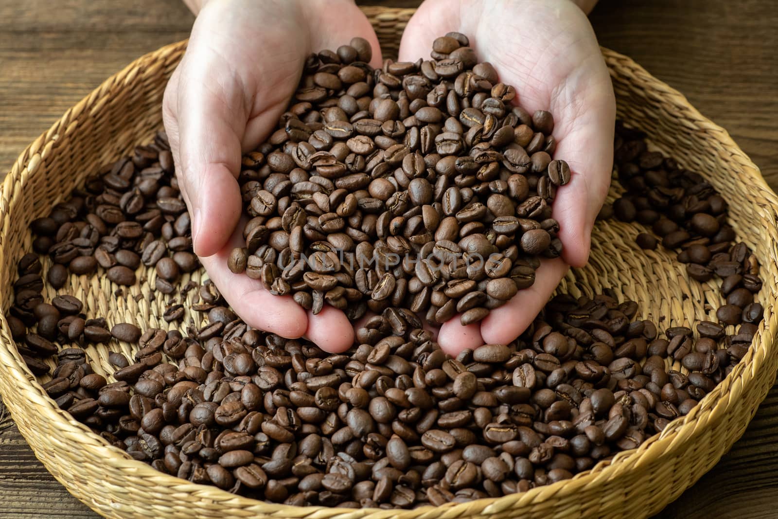 Coffee beans in female hands. Female hands with roasted coffee beans.