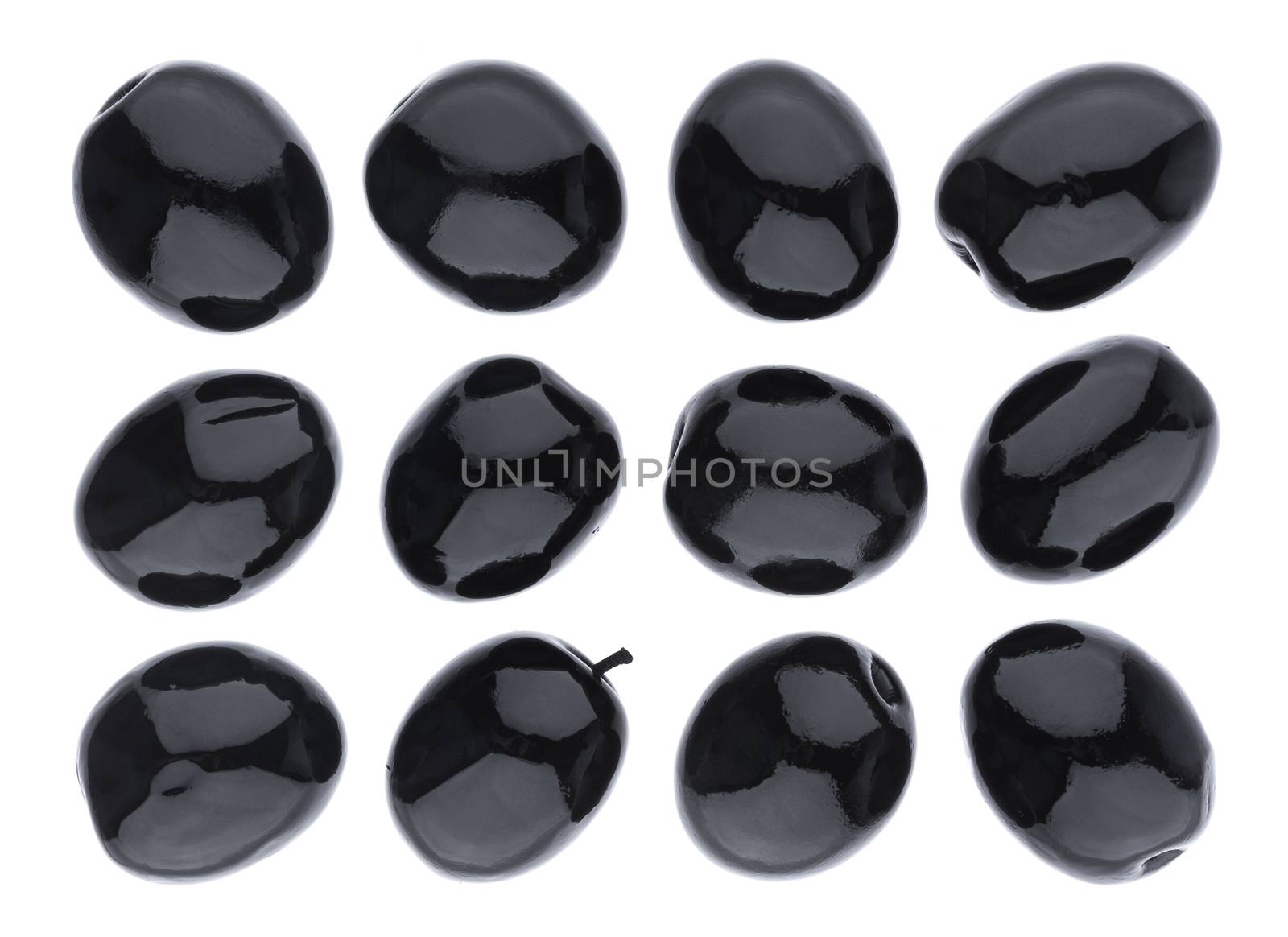 Olives collection. Black olive isolated on white background with clipping path, close up. Top view