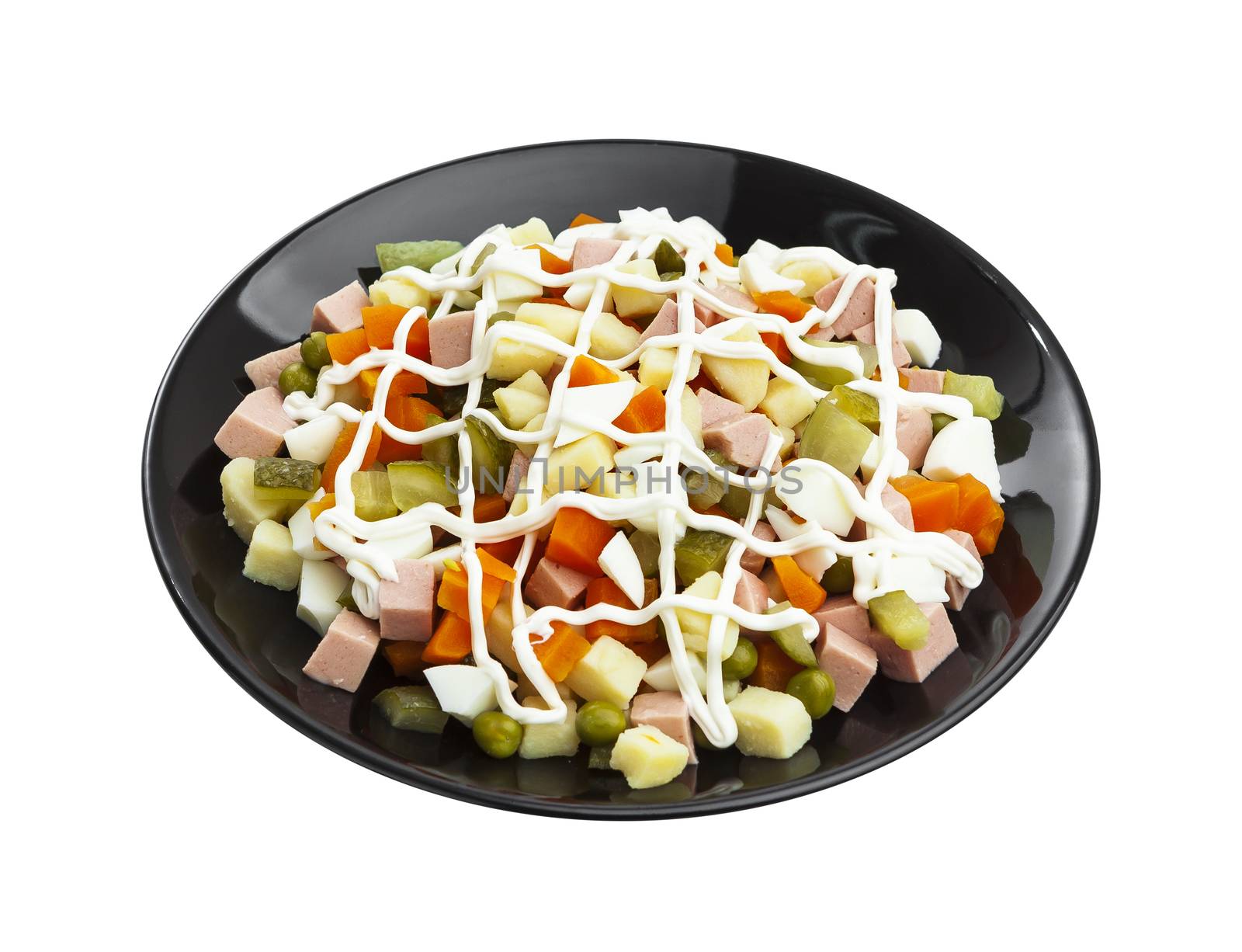 Traditional russian New Year's salad olivier isolated on white background with clipping path