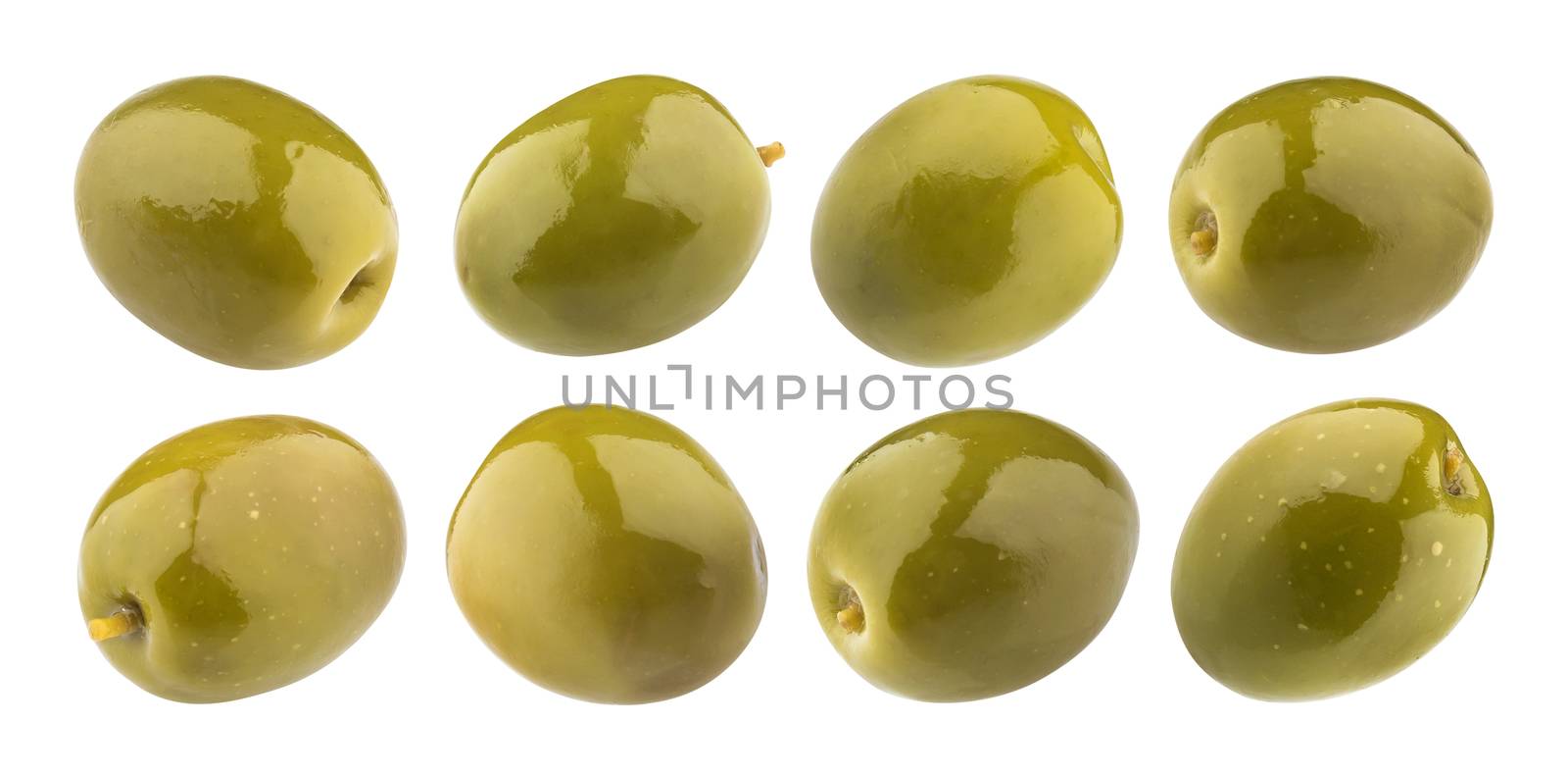 Olives collection. Green olive isolated on white background with clipping path, close up