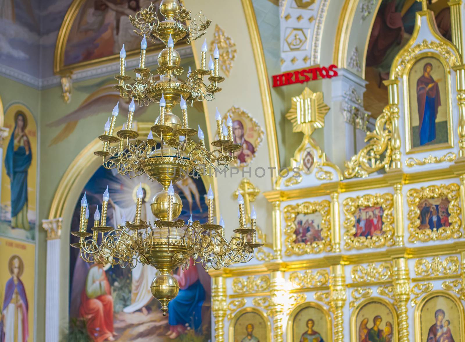 Orthodox church interior with icons and lamp by Angel_a