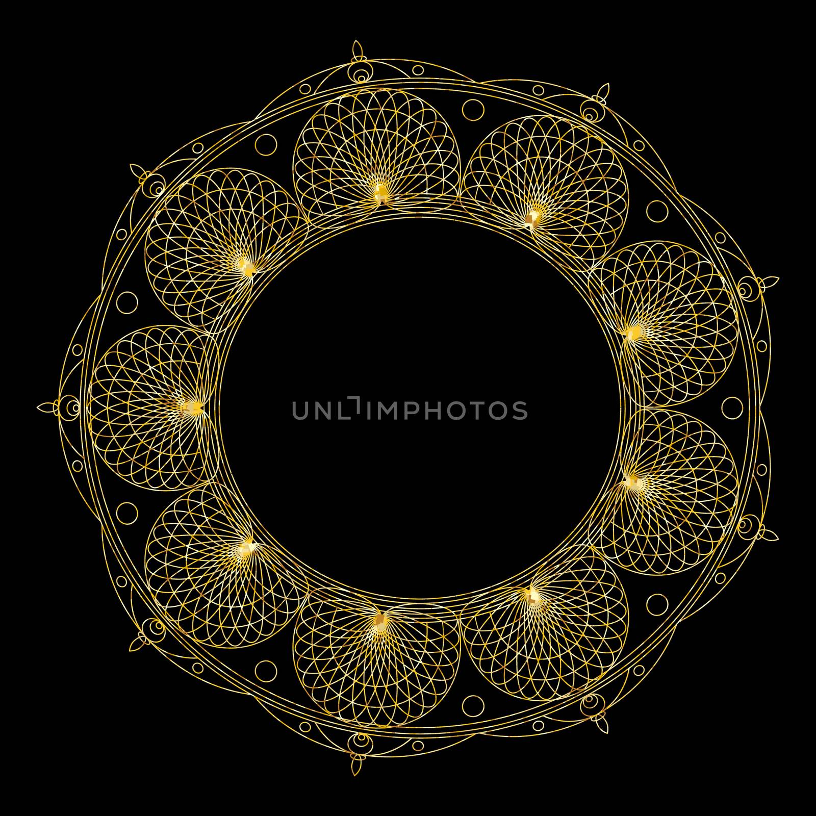Gold mandala for coloring book. Decorative black round outline ornament. Unusual flower shape. Oriental and anti-stress therapy patterns. yoga logos design element.